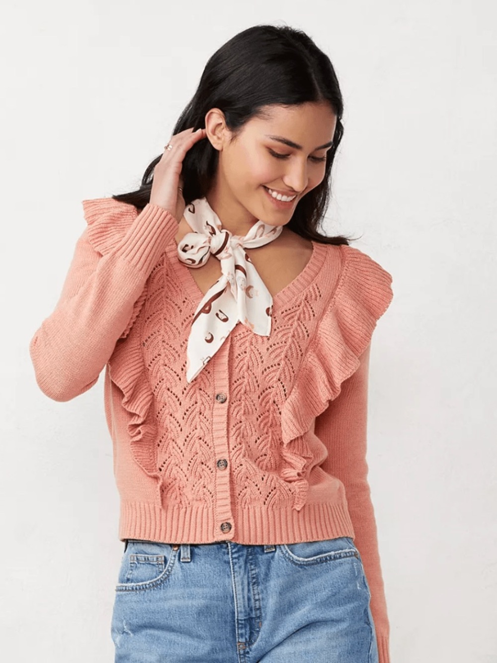 LC Lauren Conrad Ruffle Pointelle Cardigan in Peachy-Orange - Coquette Feminine